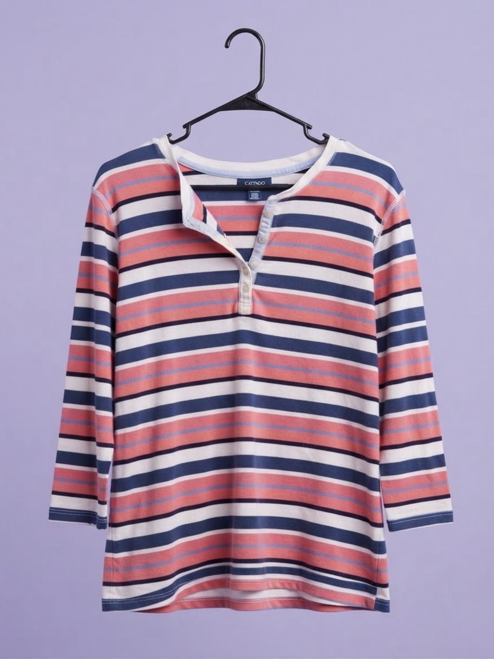 CHAPS Coral Navy White Striped Henley Top 3/4 Sleeve 3X